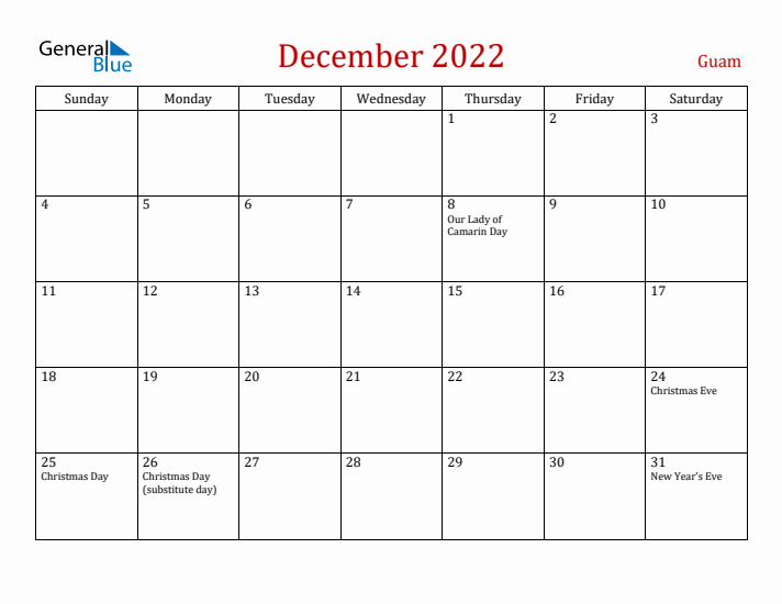 Guam December 2022 Calendar - Sunday Start
