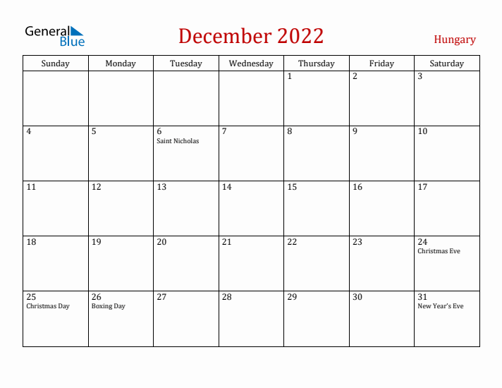 Hungary December 2022 Calendar - Sunday Start