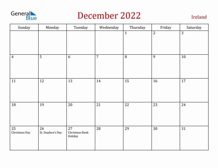 Ireland December 2022 Calendar - Sunday Start