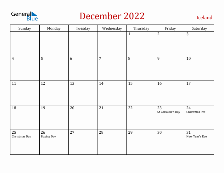 Iceland December 2022 Calendar - Sunday Start
