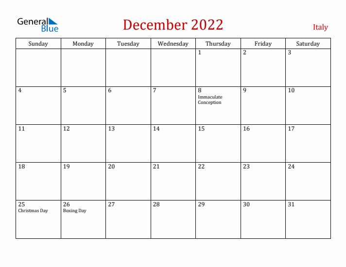 Italy December 2022 Calendar - Sunday Start