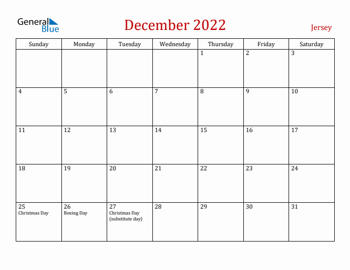 Jersey December 2022 Calendar - Sunday Start