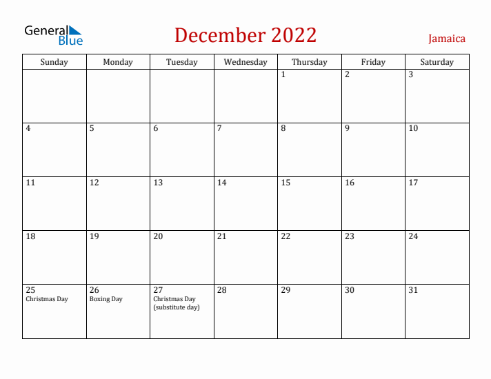 Jamaica December 2022 Calendar - Sunday Start