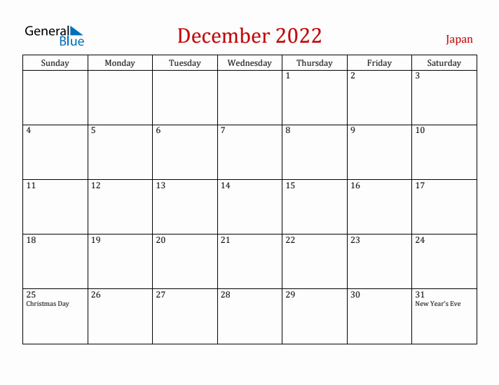 Japan December 2022 Calendar - Sunday Start
