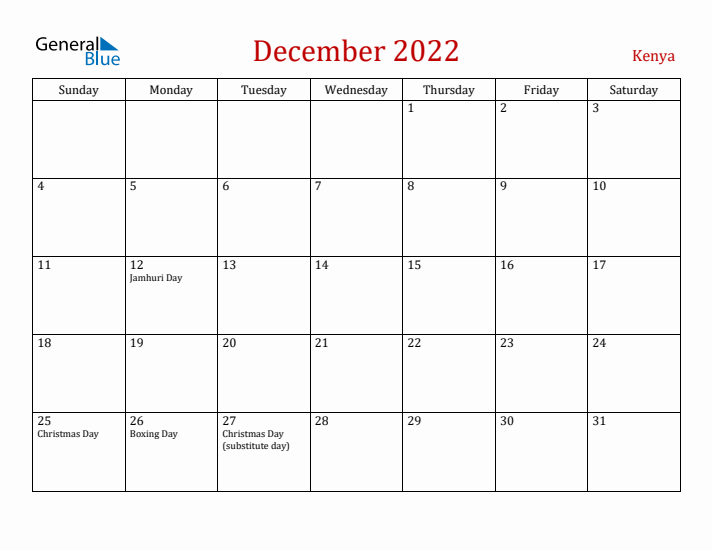 Kenya December 2022 Calendar - Sunday Start