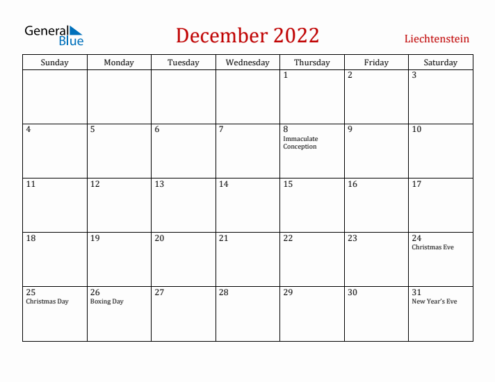 Liechtenstein December 2022 Calendar - Sunday Start