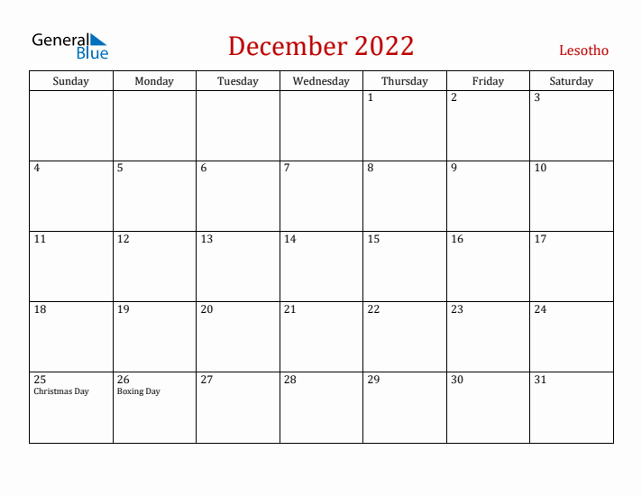 Lesotho December 2022 Calendar - Sunday Start