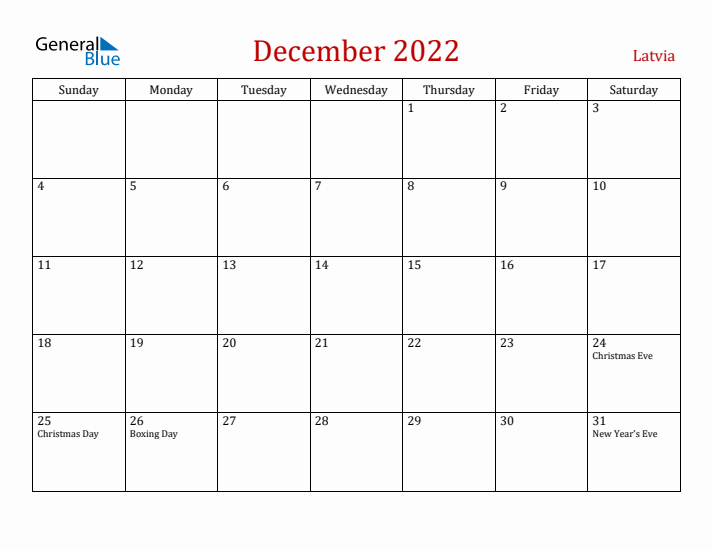 Latvia December 2022 Calendar - Sunday Start