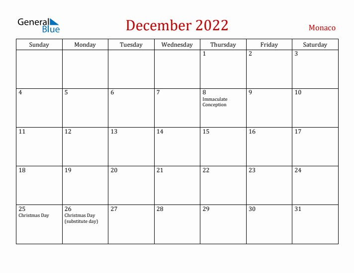 Monaco December 2022 Calendar - Sunday Start