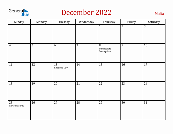 Malta December 2022 Calendar - Sunday Start