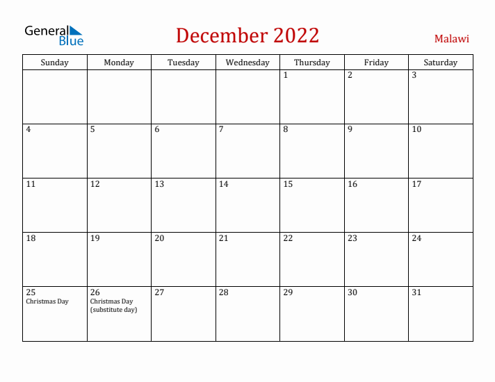 Malawi December 2022 Calendar - Sunday Start