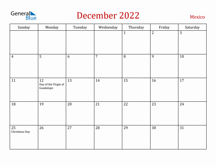 Mexico December 2022 Calendar - Sunday Start
