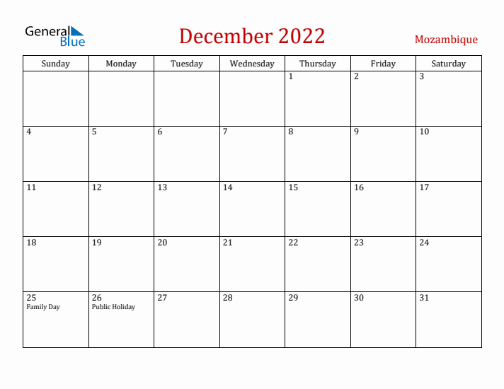 Mozambique December 2022 Calendar - Sunday Start