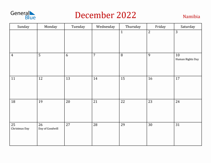 Namibia December 2022 Calendar - Sunday Start
