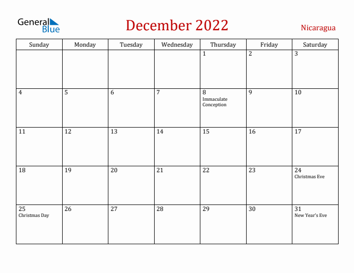 Nicaragua December 2022 Calendar - Sunday Start