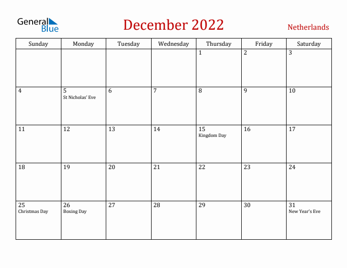 The Netherlands December 2022 Calendar - Sunday Start