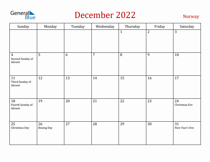 Norway December 2022 Calendar - Sunday Start