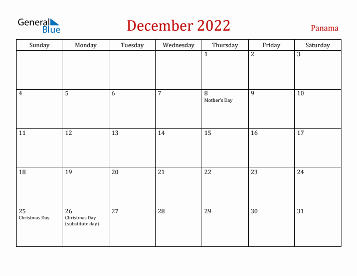 Panama December 2022 Calendar - Sunday Start