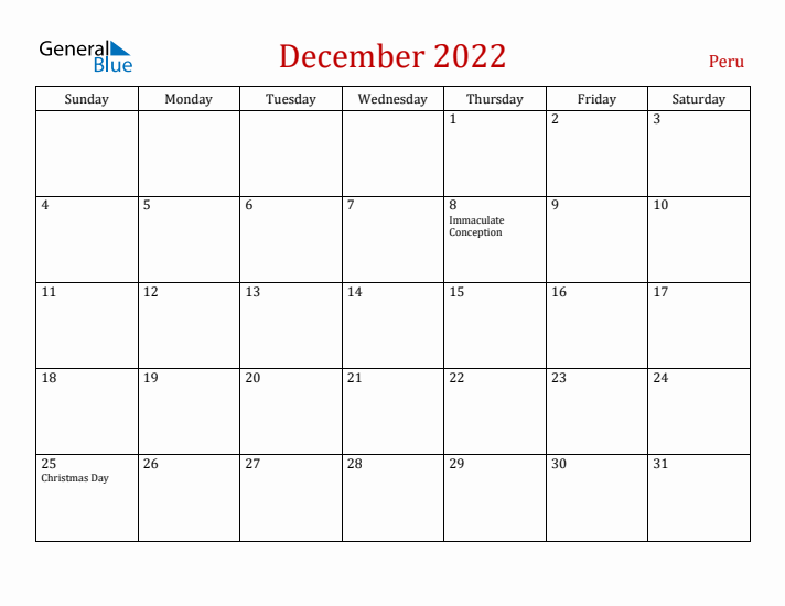 Peru December 2022 Calendar - Sunday Start