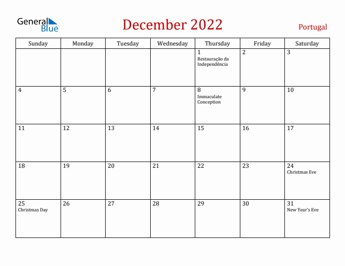 Portugal December 2022 Calendar - Sunday Start
