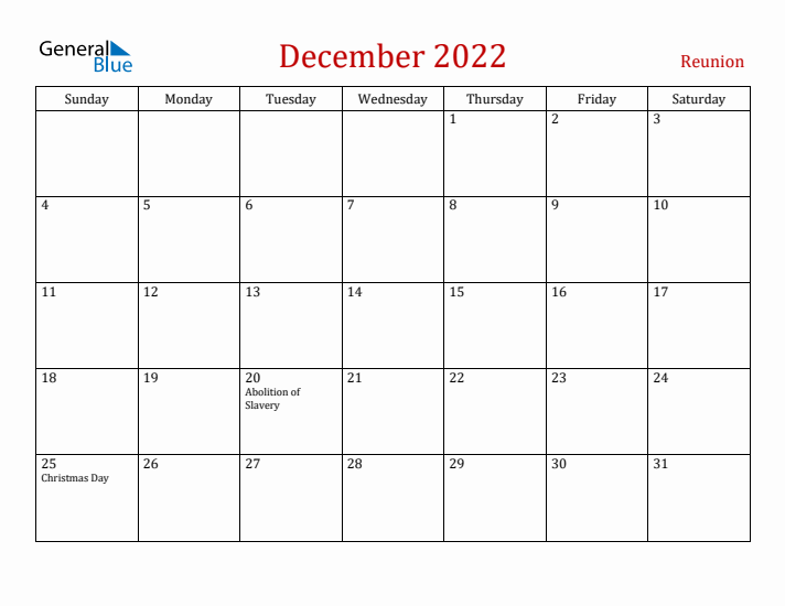 Reunion December 2022 Calendar - Sunday Start