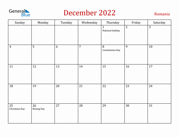 Romania December 2022 Calendar - Sunday Start
