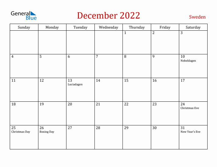 Sweden December 2022 Calendar - Sunday Start