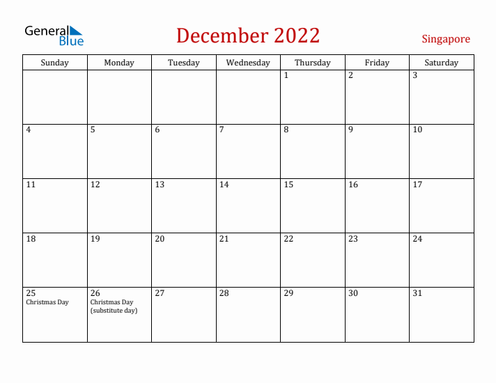 Singapore December 2022 Calendar - Sunday Start