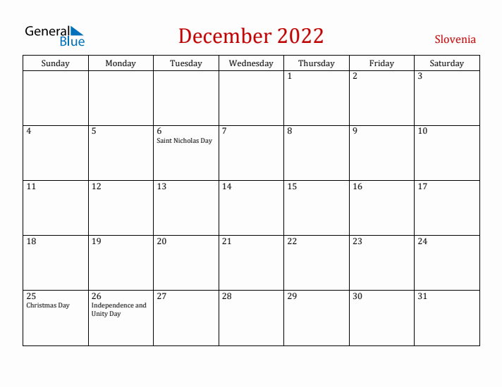 Slovenia December 2022 Calendar - Sunday Start