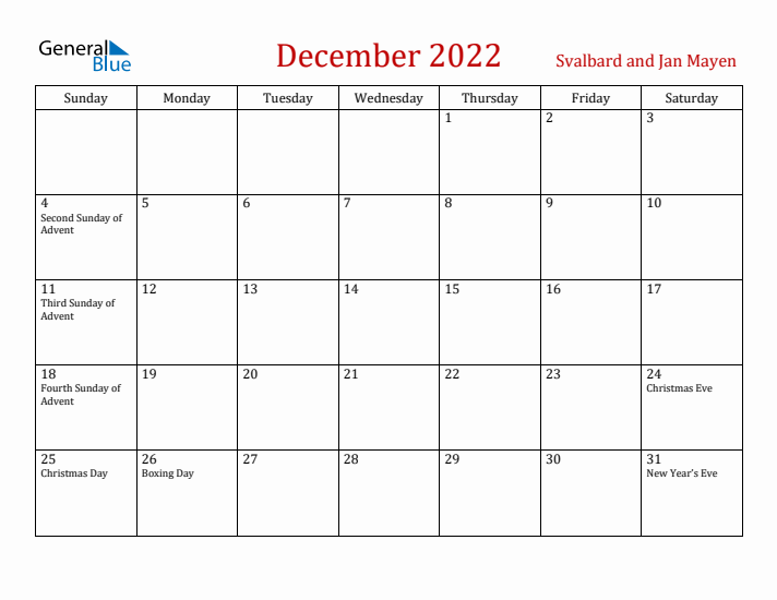Svalbard and Jan Mayen December 2022 Calendar - Sunday Start
