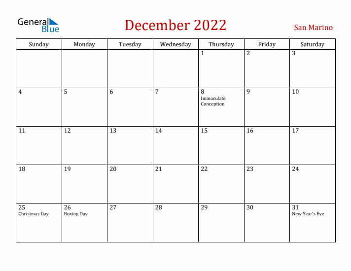 San Marino December 2022 Calendar - Sunday Start