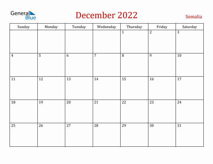Somalia December 2022 Calendar - Sunday Start