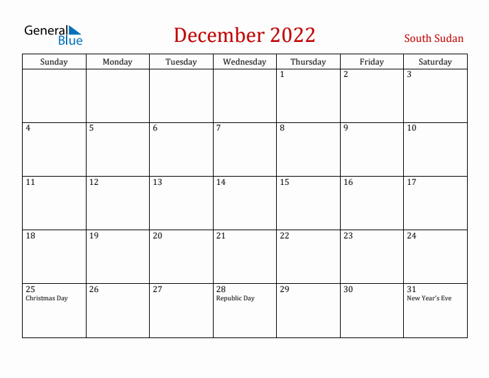 South Sudan December 2022 Calendar - Sunday Start