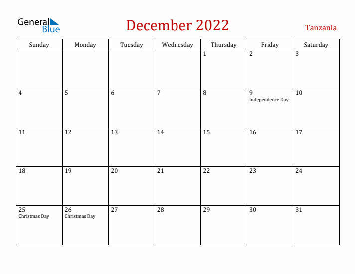 Tanzania December 2022 Calendar - Sunday Start