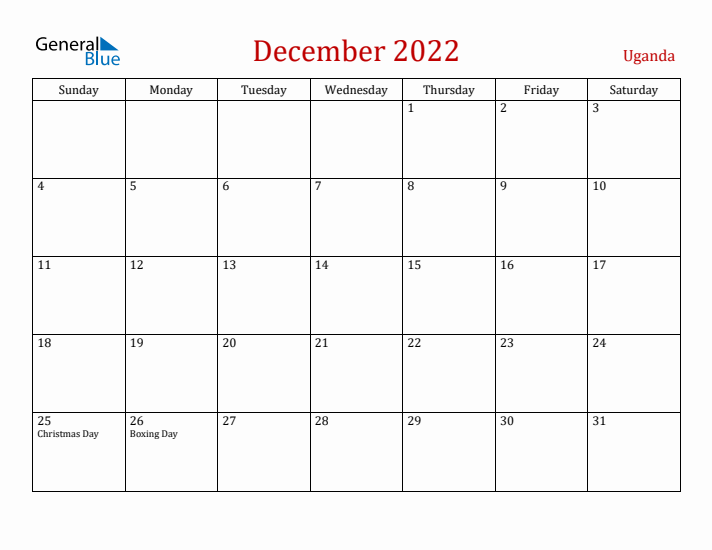 Uganda December 2022 Calendar - Sunday Start