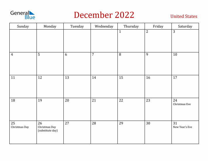 United States December 2022 Calendar - Sunday Start