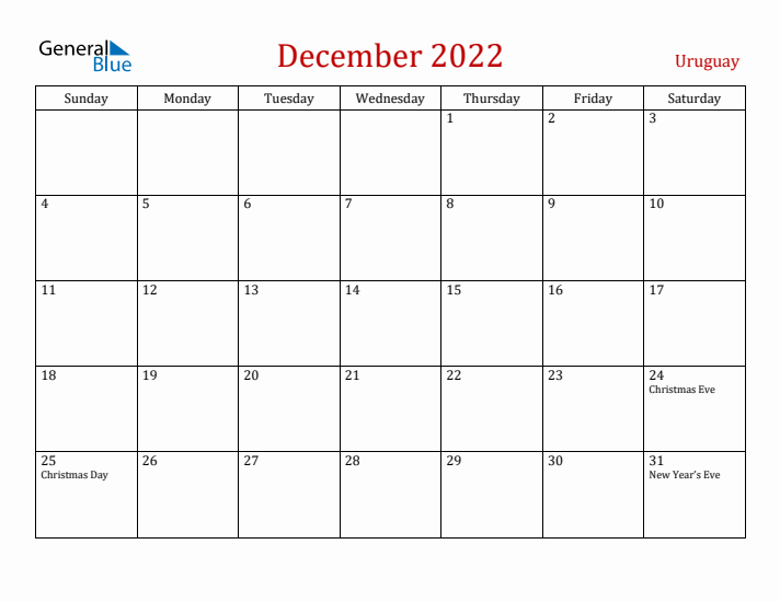 Uruguay December 2022 Calendar - Sunday Start
