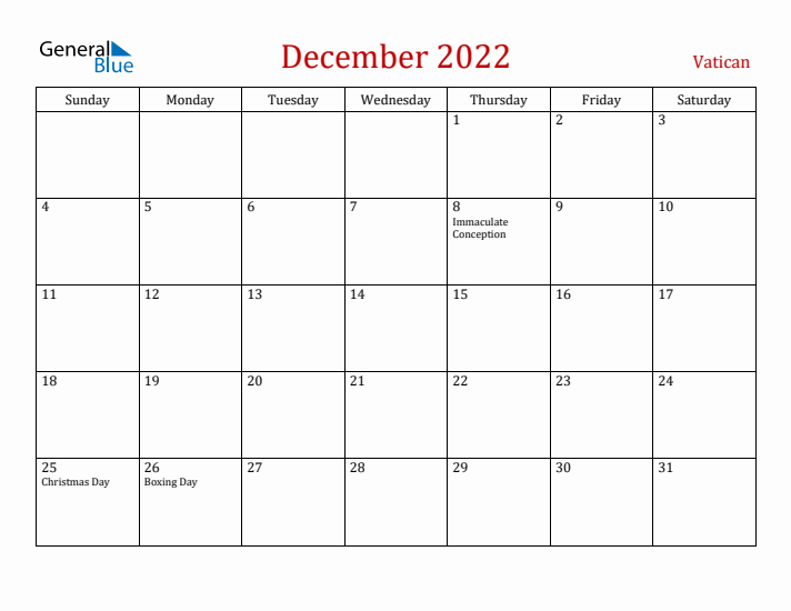 Vatican December 2022 Calendar - Sunday Start