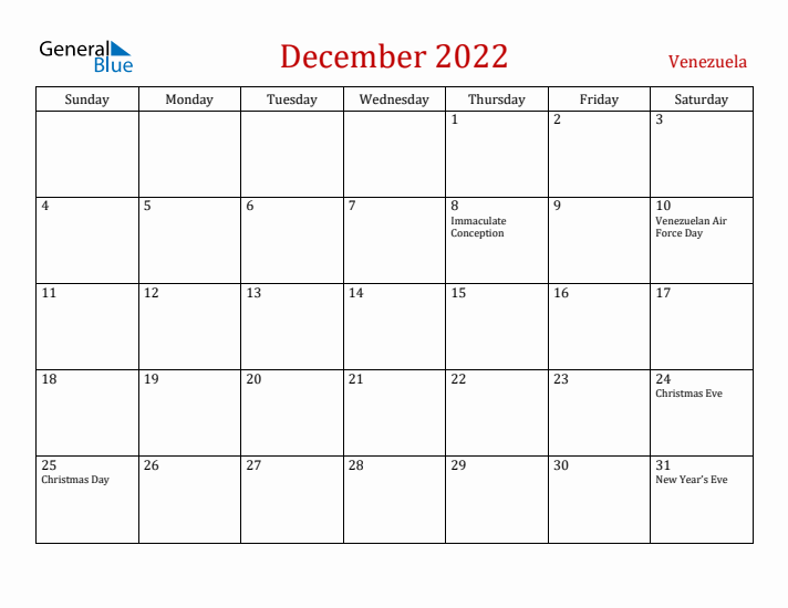 Venezuela December 2022 Calendar - Sunday Start