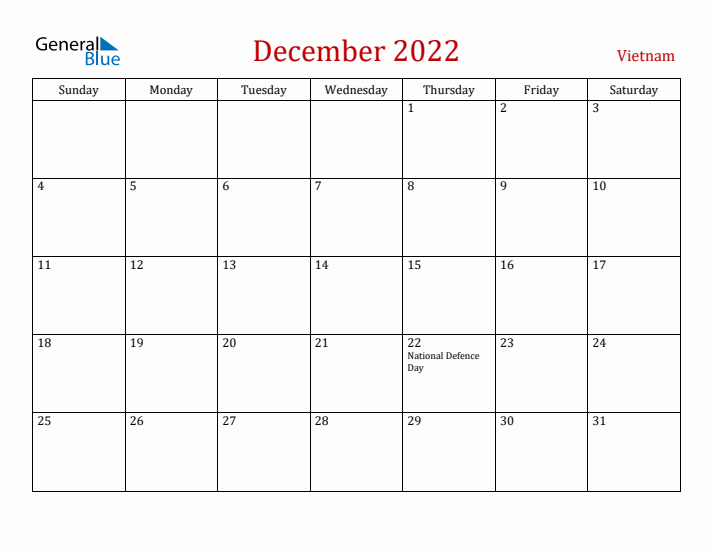 Vietnam December 2022 Calendar - Sunday Start