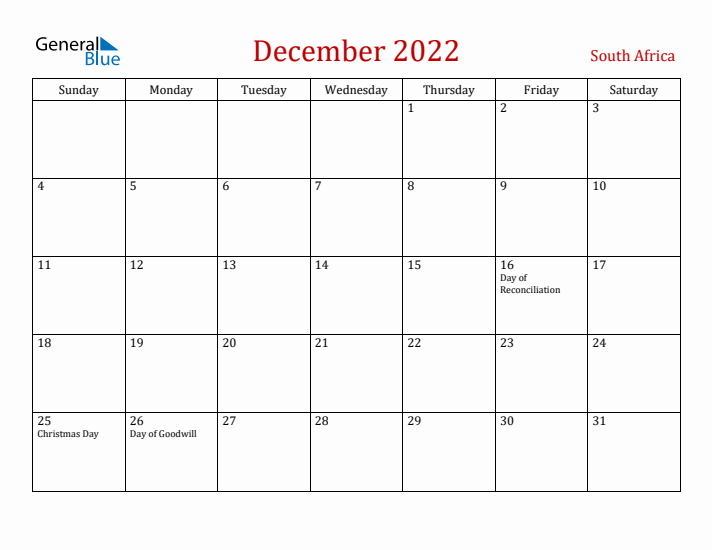 South Africa December 2022 Calendar - Sunday Start