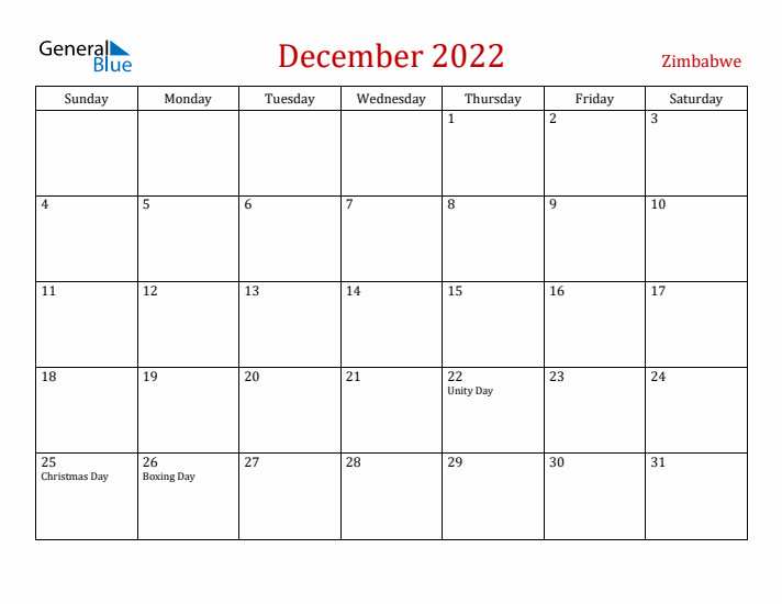 Zimbabwe December 2022 Calendar - Sunday Start