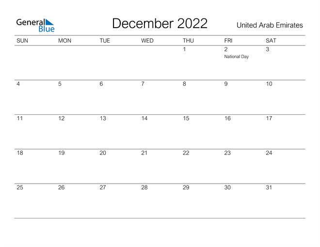 Printable December 2022 Calendar for United Arab Emirates