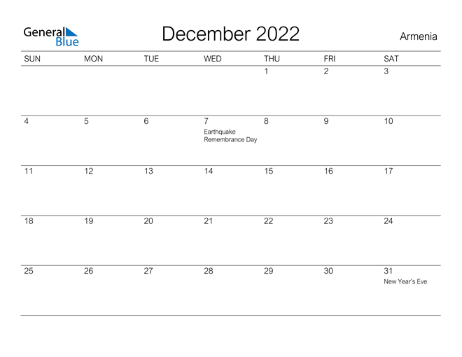 Printable December 2022 Calendar for Armenia