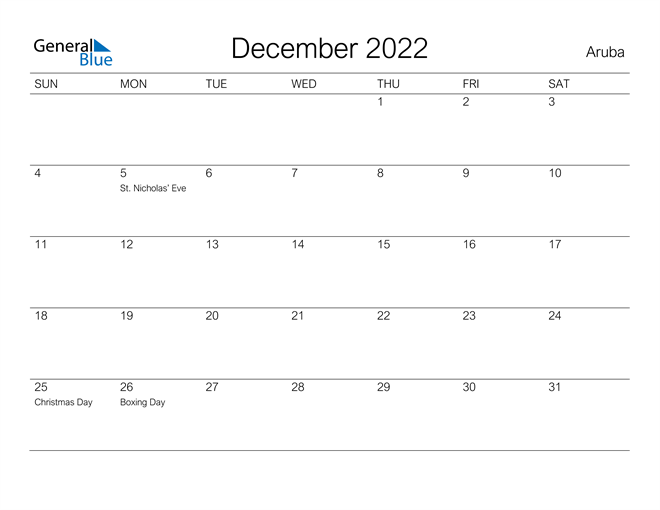 Printable December 2022 Calendar for Aruba