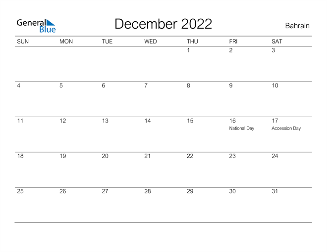 Printable December 2022 Calendar for Bahrain