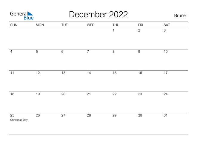 Printable December 2022 Calendar for Brunei