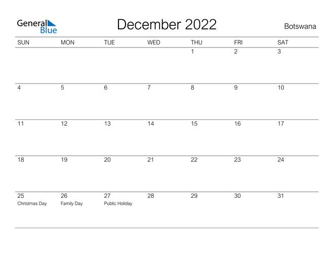 Printable December 2022 Calendar for Botswana