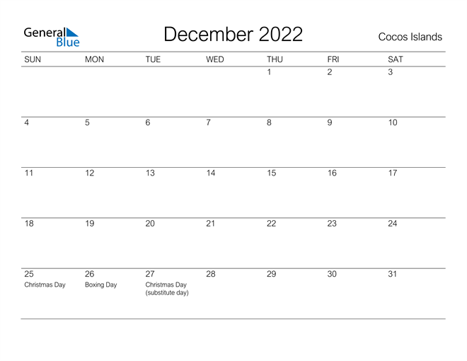 Printable December 2022 Calendar for Cocos Islands