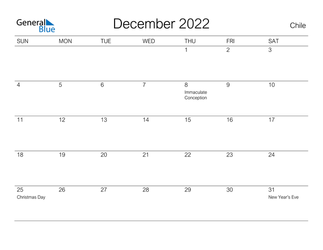 Printable December 2022 Calendar for Chile